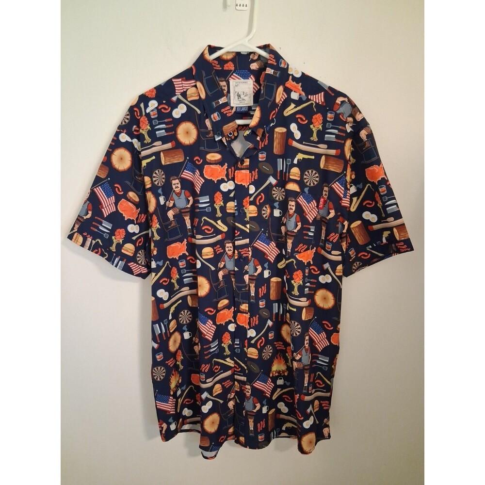 RSVLTS Pawnee Parks & Rec Shirt Mens XXL Navy Ron Swanson Roosevelts Button Down